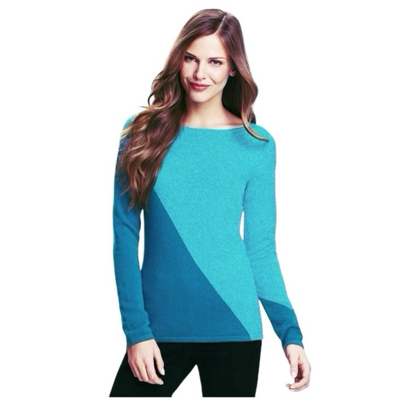 LAUREN HANSEN CASHMERE BLUE ASYMMETRICAL PRINT BLUE PULLOVER SWEATER SZ S - Picture 3 of 5